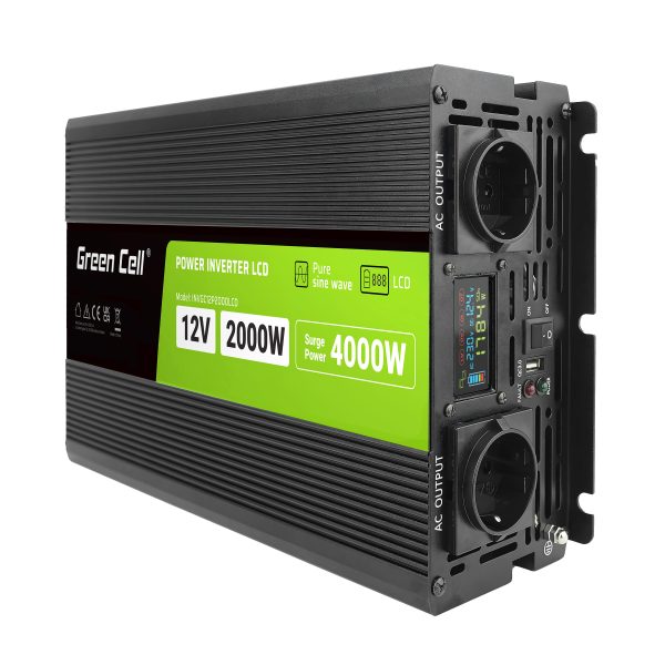 Green Cell PowerInverter LCD 12V 2000W Czysta sinusoida Przetwornica napięcia
