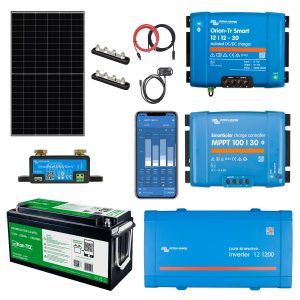 Zestaw solarny do kampera – przetwornica 230V 1000W, sztywne panele fotowoltaiczne 410W, akumulator i ładowarka DC-DC